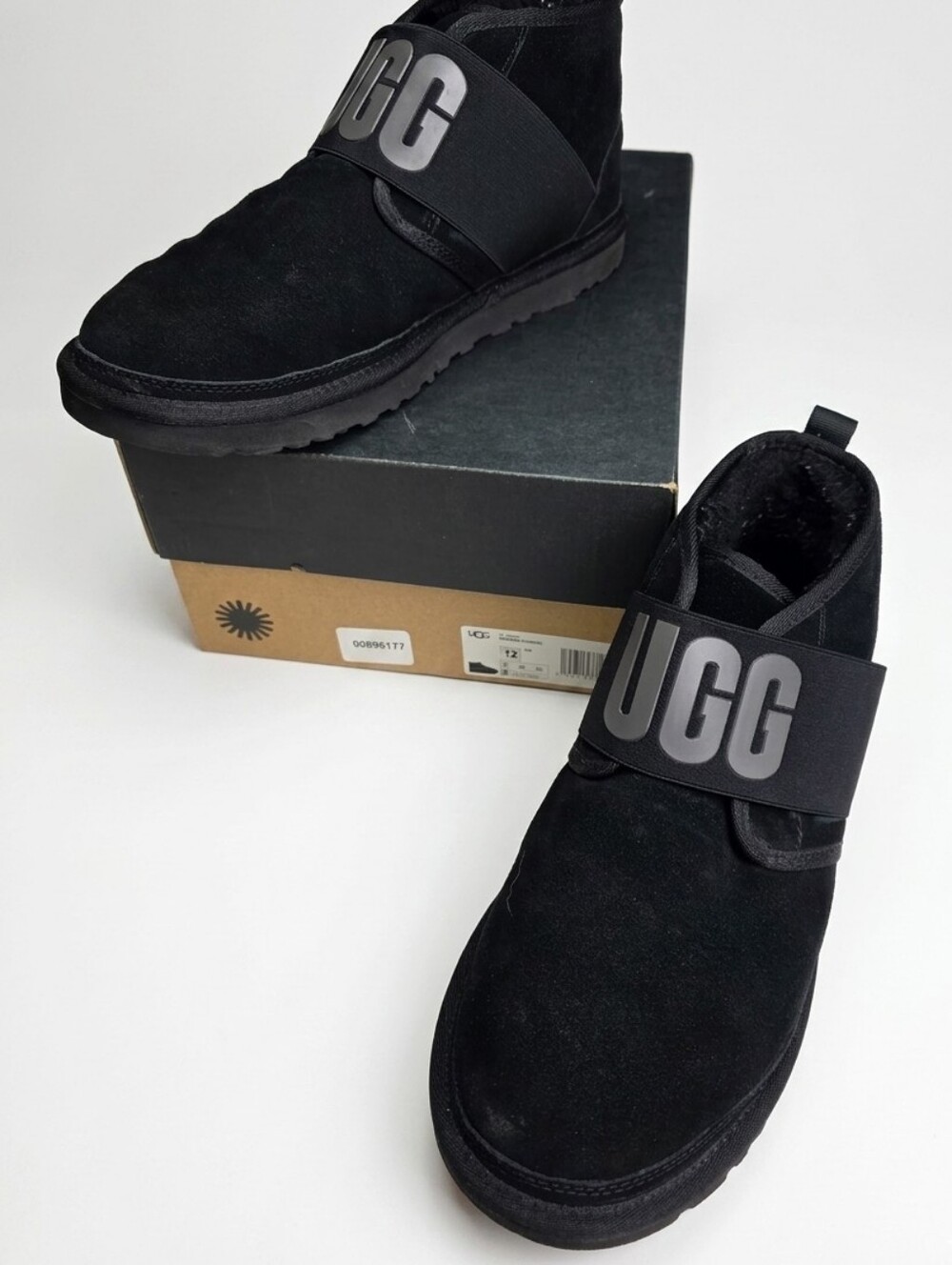 UGG Black Suede Slip-On Neumel II Graphic Boots with Elastic Logo Strap